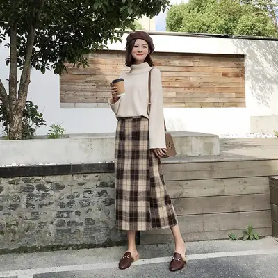 Vintage Plaid Wool Skirt Winter Set