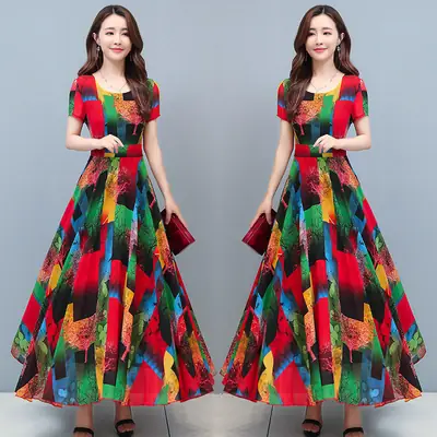 Printed Floral Skirt Dress with Tight Waist and Plus Size