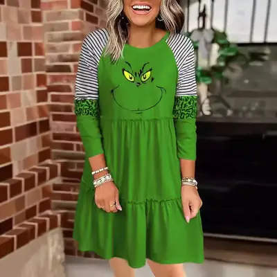 2022 Green Striped Grinch Dress for Women