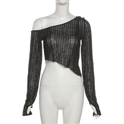 Pink Long Sleeve Slanted Shoulder Top