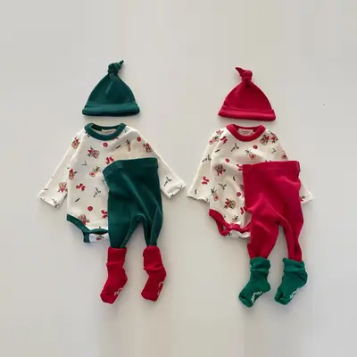 Korean Floral Baby Pajamas Set Cream Green