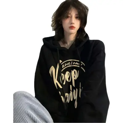Women Black Hoodie Keep Boring Print Winter Warm