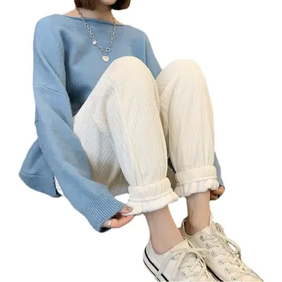 Women Fleece Lined Wide Leg Pants Cream