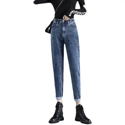 Women Black Velvet Cropped Jeans Winter Wear