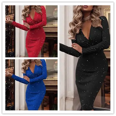 Blue Sparkly V-Neck Long Sleeve Tight Women's Dress