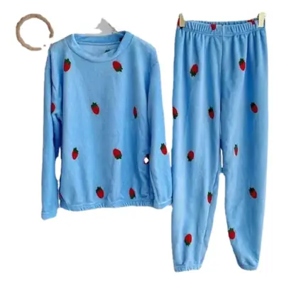 Women Fleece Lined Warm Pajamas Coral Strawberry Design