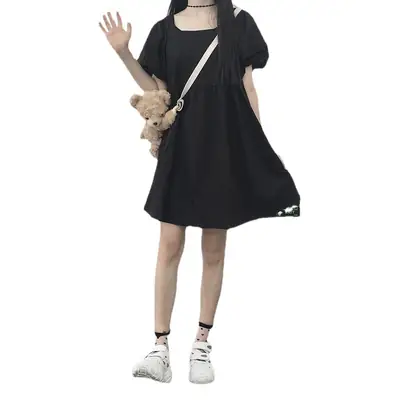 New 2025 Korean Style Loose Short Sleeve Square Neck Dress for Women
