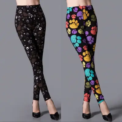 Women Printed Elastic Leggings with Paw Print Design