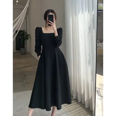 Black Long Sleeve French Style Dress for Women 2024