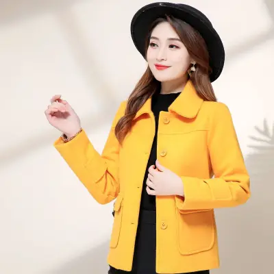 Women Woolen Short Coat Yellow 2021 Winter Elegant
