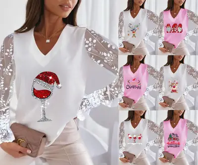 Baby Cold Outside V-Neck Lace T-Shirt Pink