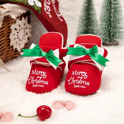 2022 Winter New Red Christmas Bow Socks Shoes Soft Sole Anti-Slip Warm Baby Shoes Baby Shoes