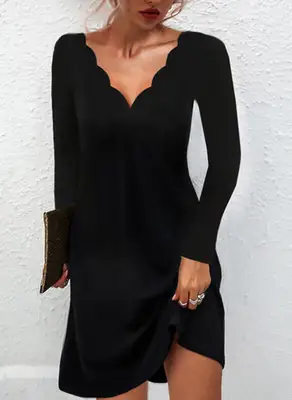 Women Black V-Neck Long Sleeve Dress with High Waist Shorts