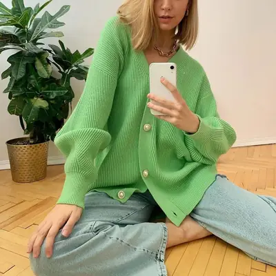 Women Green Waffle Knit Long Sleeve Cardigan Coat