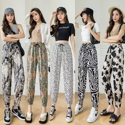 Women Ink Print Jogger Pants White Black Loose Fit