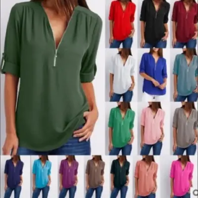 Blue V-Neck Zipper Chiffon Shirt for Women Large