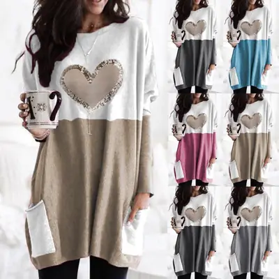 Women Heart Printed Long Sleeve T-Shirt Pink White