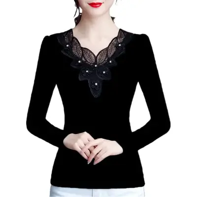 Women Slim Fit Fleece Lined Shirt with Lace & Rhinestone