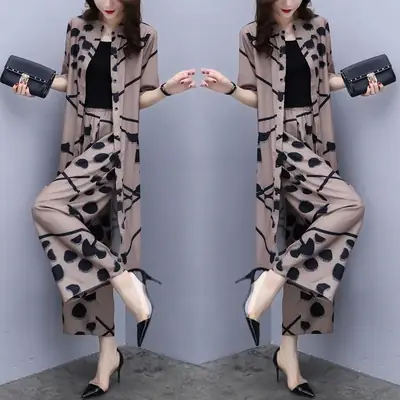 2-piece Printed Loose Slimming Suit Beige Black