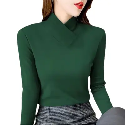 2026 Solid Blue Slim Fit Thermal Long Sleeve Turtleneck Women Top