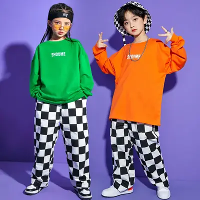 Children Hip Hop Checkered Sweatshirt Set Orange Green
