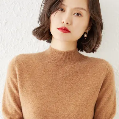 Women Green Half Turtleneck Knitwear Short Pullover