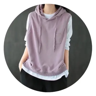 Women Cotton Hooded Vest Spring Autumn Loose Sleeveless Sweater