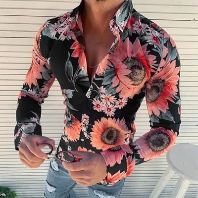 Men's Sunflower Floral Lapel Shirt Red 2026