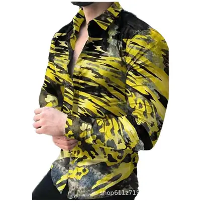 Men Printed Casual Shirt Yellow Black Green Lapel Long Sleeve