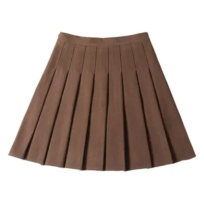 Women's Lengthened Woolen Pleated Skirt Brown High Waist