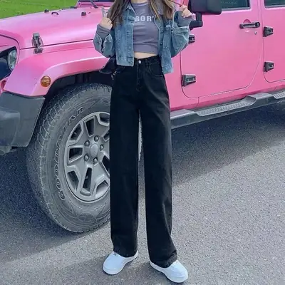 Women Wide Leg Black Jeans High Waist Slim Fit