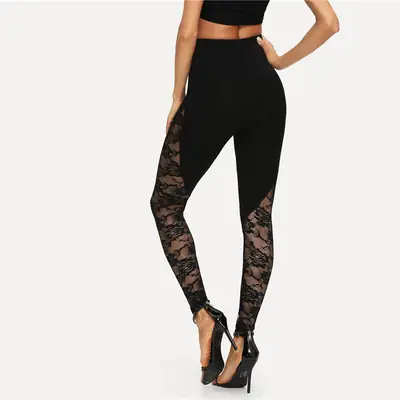Black Hollow Lace Sports Yoga Leggings Women