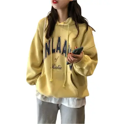 Women Fleece Lined Hoodie White Korean Style Loose Fit