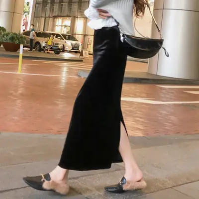 Black Velvet Hip Skirt Long Slimming One Step