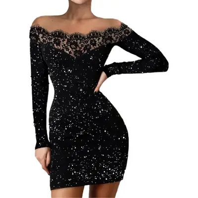 Black Sequin Embroidered Mini Dress for Women