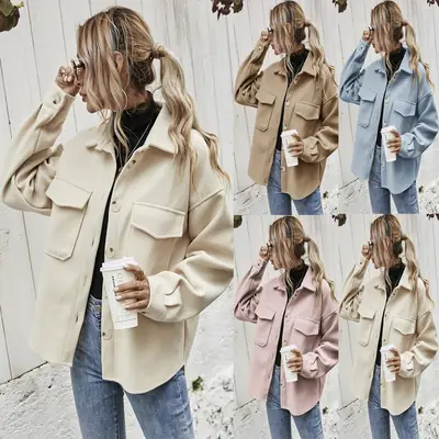 Women Woolen Lapel Shirt Coat Beige 2021 Winter
