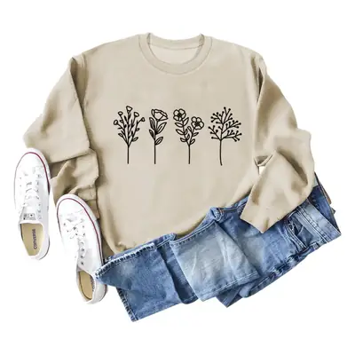 Women's Grey 4-Flower Printed Sweatshirt Long Sleeve Winter Casual