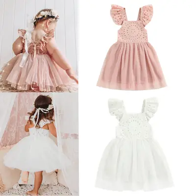 Girls' Pink & White Hollow Skirt Dress with Flying Sleeve