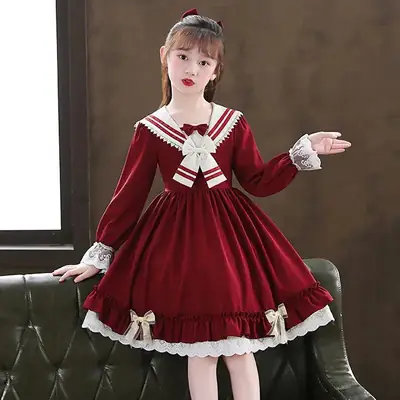 Girls Princess Dress Navy Blue Long Sleeve Lolita Style