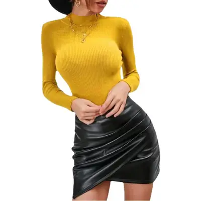 2023 Women's Knitted Grey Turtleneck Sweater with Black Skirt