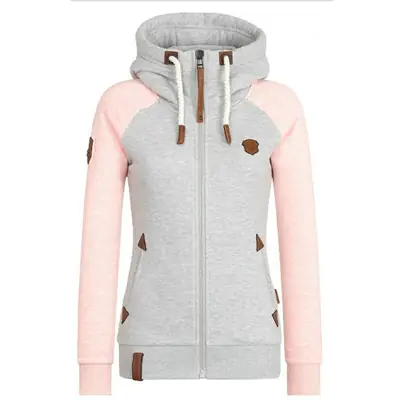 Women Hooded Sweatshirt Black Gray Full Zip Leather Trim