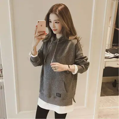 Women Fleece Lined Hoodie Mid Length Grey White