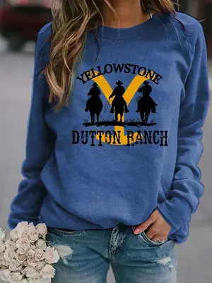2022 Printed Crew Neck Pullover Women's Sweater Yellow Stone Coat