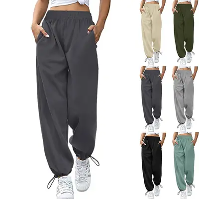 Women's Gray Drawstring Leggings Loose Fit Wide Leg Casual Pants