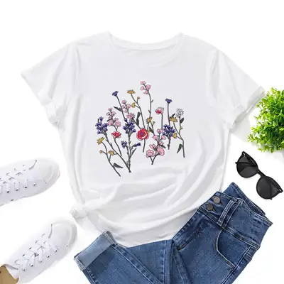 Women Black Floral Round Neck T-Shirt Short Sleeve