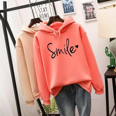 Pink Smile Printed Hoodie Women Long Sleeve Sweat