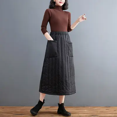 Autumn Winter Warm Solid Skirt Elastic Waist Large Pocket