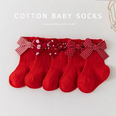 Red Bow Baby Socks 0-3Y Cotton Princess Design