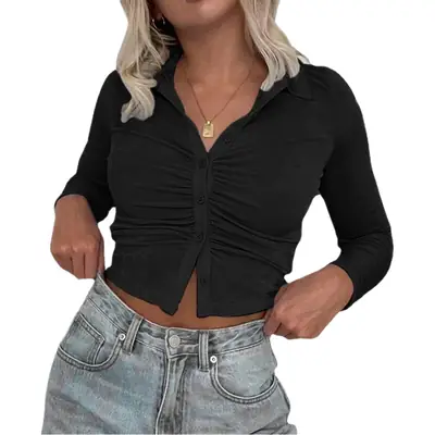 Women's White Slim Fit Cardigan Lapel Top with Long Sleeves