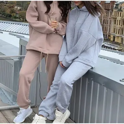 Women Pink Hooded Sweatshirt Set Winter Casual 2021